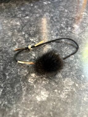 4/8🥒Black Pom Pom real fur Elastic Hair Tie with Gold Accents